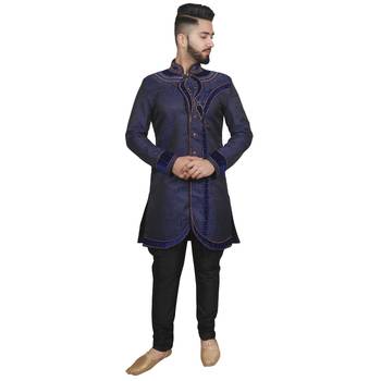 Blue plain raw silk sherwani 1