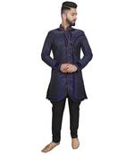 Blue plain raw silk sherwani