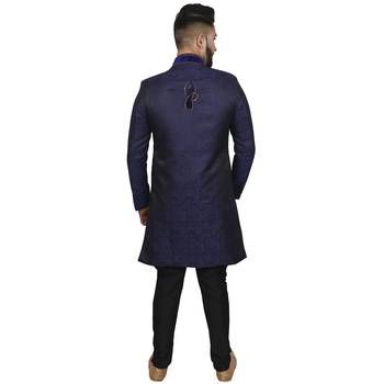 Blue plain raw silk sherwani 2