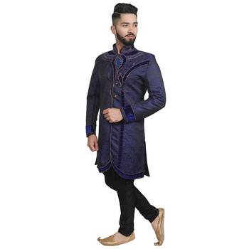Blue plain raw silk sherwani 3
