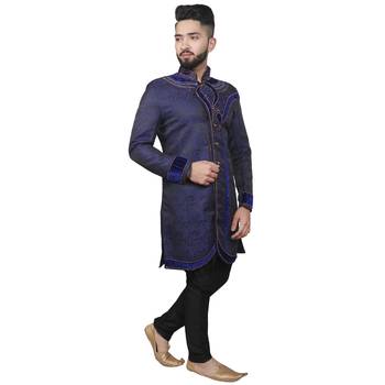 Blue plain raw silk sherwani 4