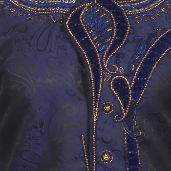 Blue plain raw silk sherwani 5