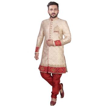 Fawn plain raw silk sherwani 1