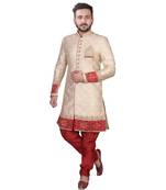 Fawn plain raw silk sherwani