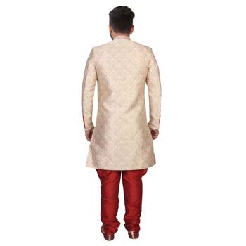 Fawn plain raw silk sherwani 2