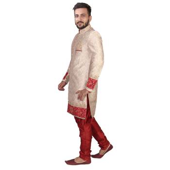 Fawn plain raw silk sherwani 3