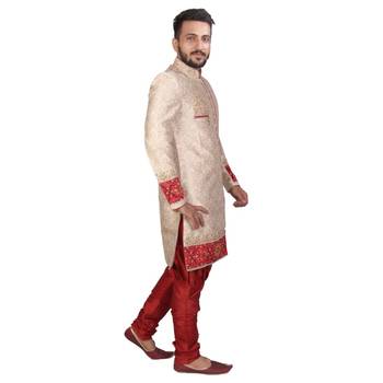 Fawn plain raw silk sherwani 4