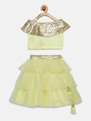 Tbt Flaired Off Shoulder Lehenga Choli  Lime Yellow 2