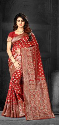 Red Woven Banarasi Silk Saree With Blouse 3