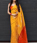 Yellow woven banarasi silk saree with blouse
