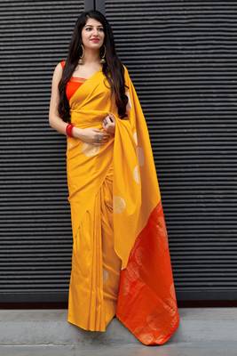 Yellow woven banarasi silk saree with blouse 2