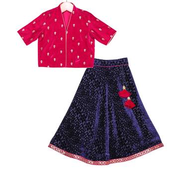 Navy Blue & Fuchsia Brasso Lehenga with Velvet Top 1