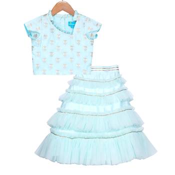 Aqua Blue Ruffled Tiered Tulle Skirt with Crop Top 1