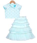 Aqua Blue Ruffled Tiered Tulle Skirt with Crop Top