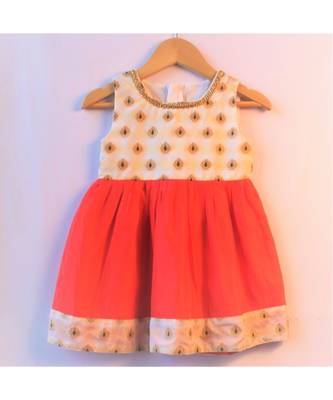 Peach ethnic brocade baby party frock 1