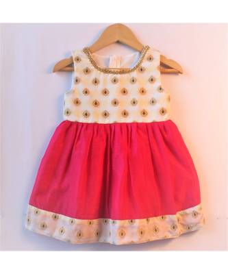 Pink ethnic brocade baby party frock 1