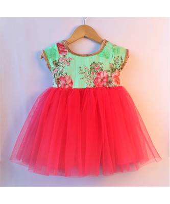 pink & green ethnic floral baby party frock 1