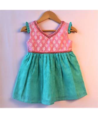 Blue & Pink ethnic brocade baby party frock 1