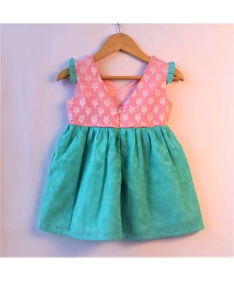 Blue & Pink ethnic brocade baby party frock 2