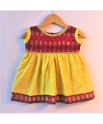 yellow & maroon ethnic brocade baby party frock 1