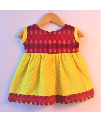 yellow & maroon ethnic brocade baby party frock 2