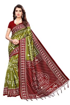 Multicolor printed art silk saree with blouse 1