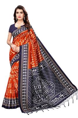Multicolor printed art silk saree with blouse 1