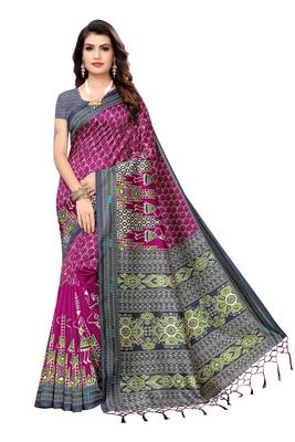 Multicolor printed art silk saree with blouse 1