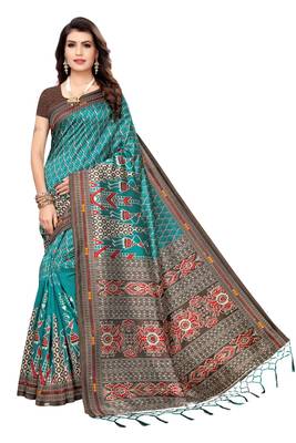Multicolor printed art silk saree with blouse 1