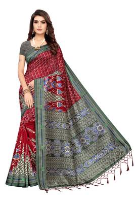 Multicolor printed art silk saree with blouse 1