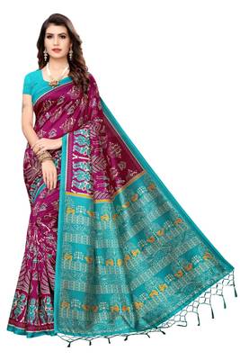 Multicolor printed art silk saree with blouse 1