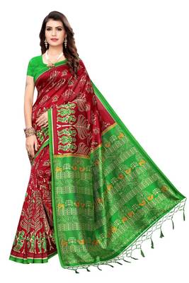 Multicolor printed art silk saree with blouse 1