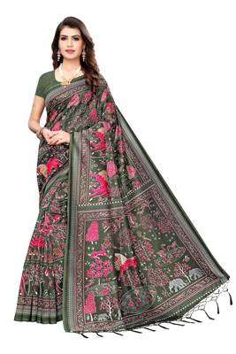 Multicolor printed art silk saree with blouse 1
