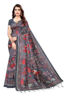 Multicolor printed art silk saree with blouse 1