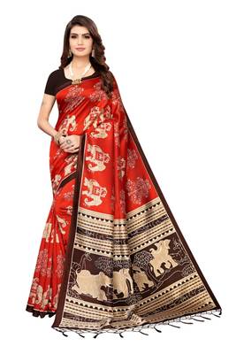Multicolor printed art silk saree with blouse 1