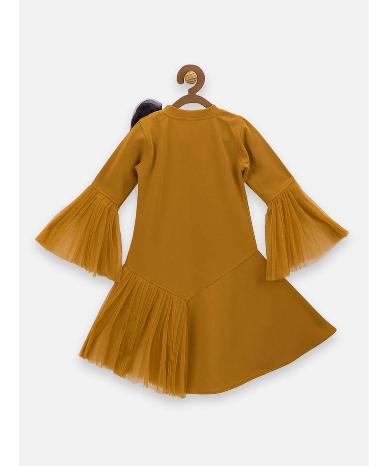 Mustard Mesh Detailing Designer Dress