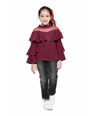 Wine crystal Work layered bell sleeves Top 1