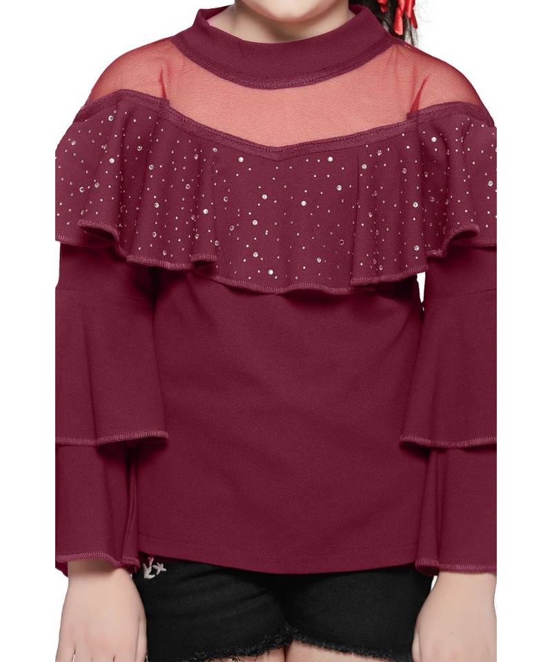 Wine crystal Work layered bell sleeves Top