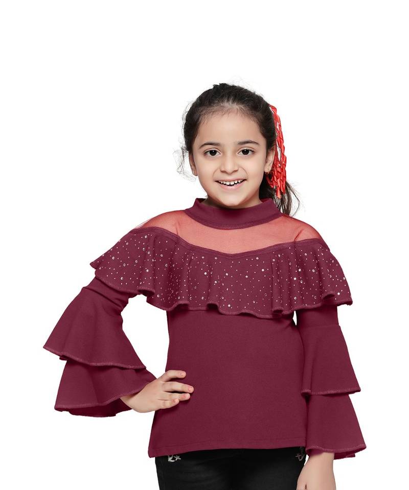 Wine crystal Work layered bell sleeves Top