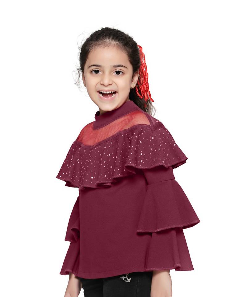 Wine crystal Work layered bell sleeves Top