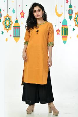 Yellow Pure Cotton Kurti With Wooden Elephant Button 1