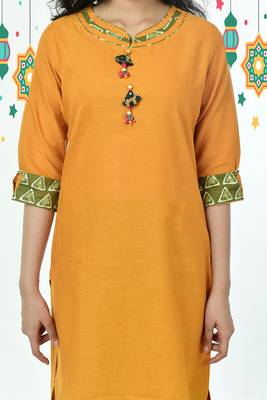 Yellow Pure Cotton Kurti With Wooden Elephant Button 3