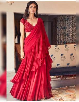 Red plain georgette saree with blouse 1
