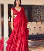 Red plain georgette saree with blouse