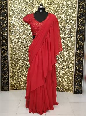 Red plain georgette saree with blouse 2