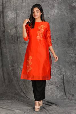 Fiery Orange Zari And Stone Embroidered Kurti With Small Tassels 1