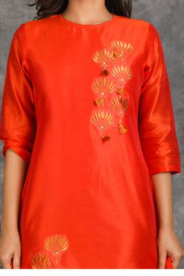 Fiery Orange Zari And Stone Embroidered Kurti With Small Tassels 3