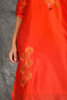 Fiery Orange Zari And Stone Embroidered Kurti With Small Tassels 4