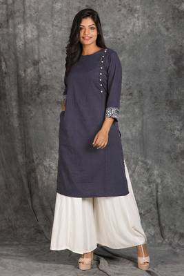 Prussian Blue All Over Running Stitched With Side Button Opening And Side Pocket Kurti 1