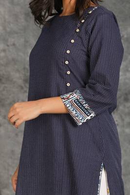 Prussian Blue All Over Running Stitched With Side Button Opening And Side Pocket Kurti 3